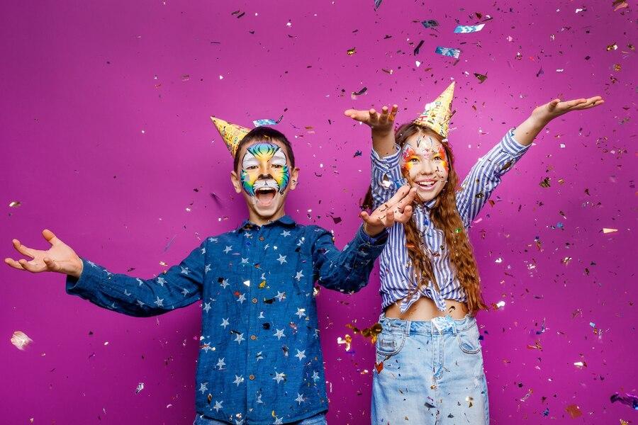 Portrait positive cheerful little girl boy have fun isolated violet color wall serpentine flying 496169 2628